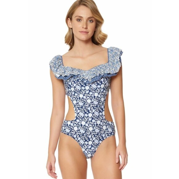Ruffled Swim Bathing Suit Jessica Simpson Blue Off Shoulder PATCHED UP Cut Out M - Picture 1 of 5